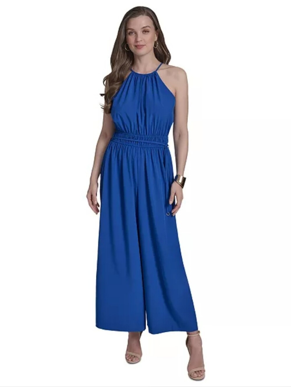 NWT Halston Blue Wide Leg Jumpsuit Size 16 Tie Waist Cocktail Career Stretcy